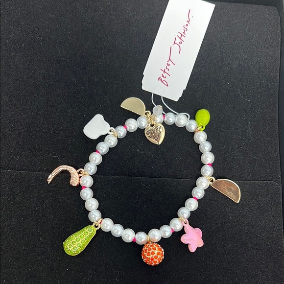 Betsey Johnson | White Pearl Necklace & Bracelet w/Charms 🥑🍉🌸🍊🫒 - Picture 9 of 9